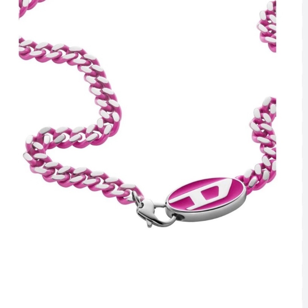 Pink Unisex Diesel Enamel Chain Necklace with Oval Diesel  Tag NWT